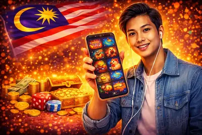 Man showing smartphone with online casino application and Malaysia flag