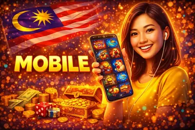 Happy woman holding smartphone showing casino game app in Malaysia