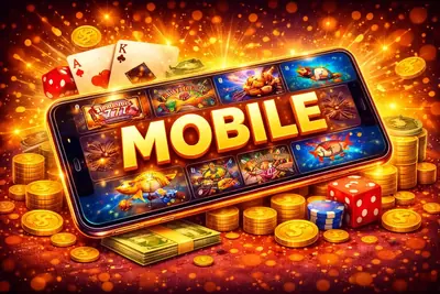 Smartphone screen displaying various slot game icons and casino chips