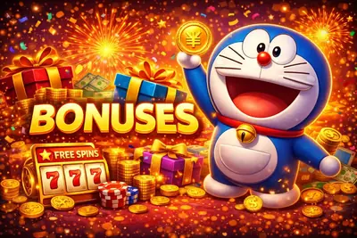 Doraemon style mascot celebrating with gifts coins and fireworks
