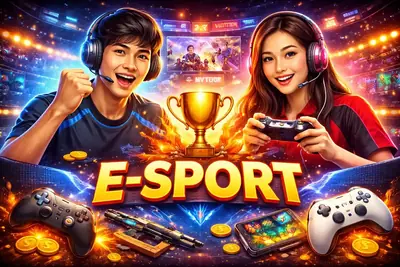 Professional gamers competing with trophy and controllers in foreground