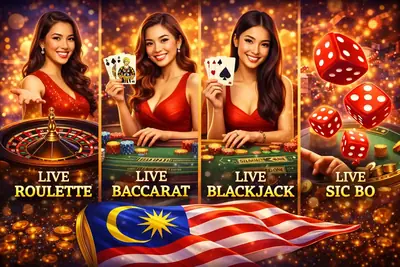 Live dealers featuring Roulette Baccarat and Blackjack tables with Malaysia flag