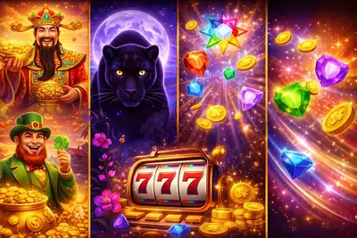 Collage of popular slot characters including God of Wealth and gems