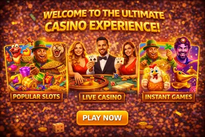 Welcome banner displaying slots live casino and instant games characters