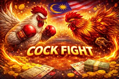 Two roosters facing off in a virtual cock fighting betting game