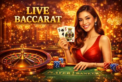 Smiling dealer holding cards at a green Baccarat table with chips