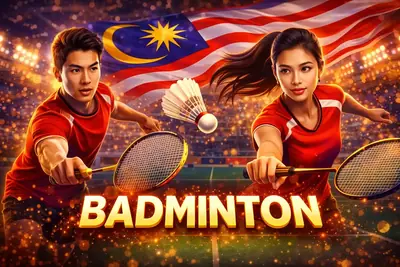 Intense badminton match action with Malaysia flag background for sports bettors